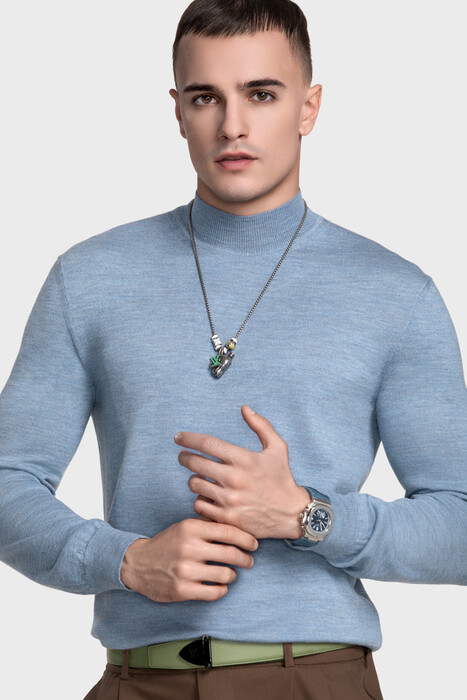 Mock neck sweater in pure merino wool (Denim Melange)