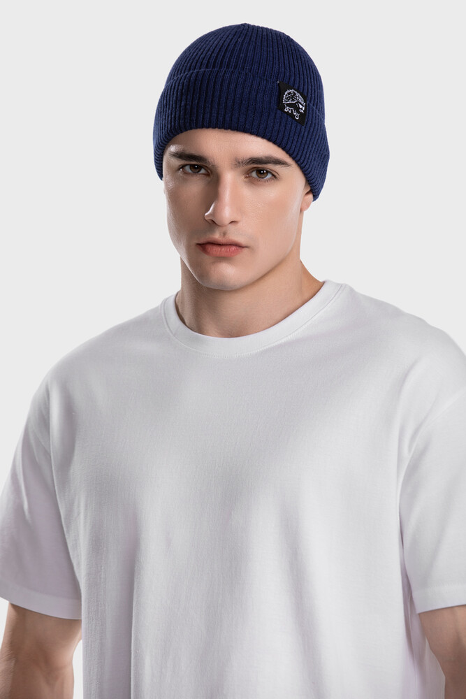Ribbed beanie in merino wool blend (Marine)
