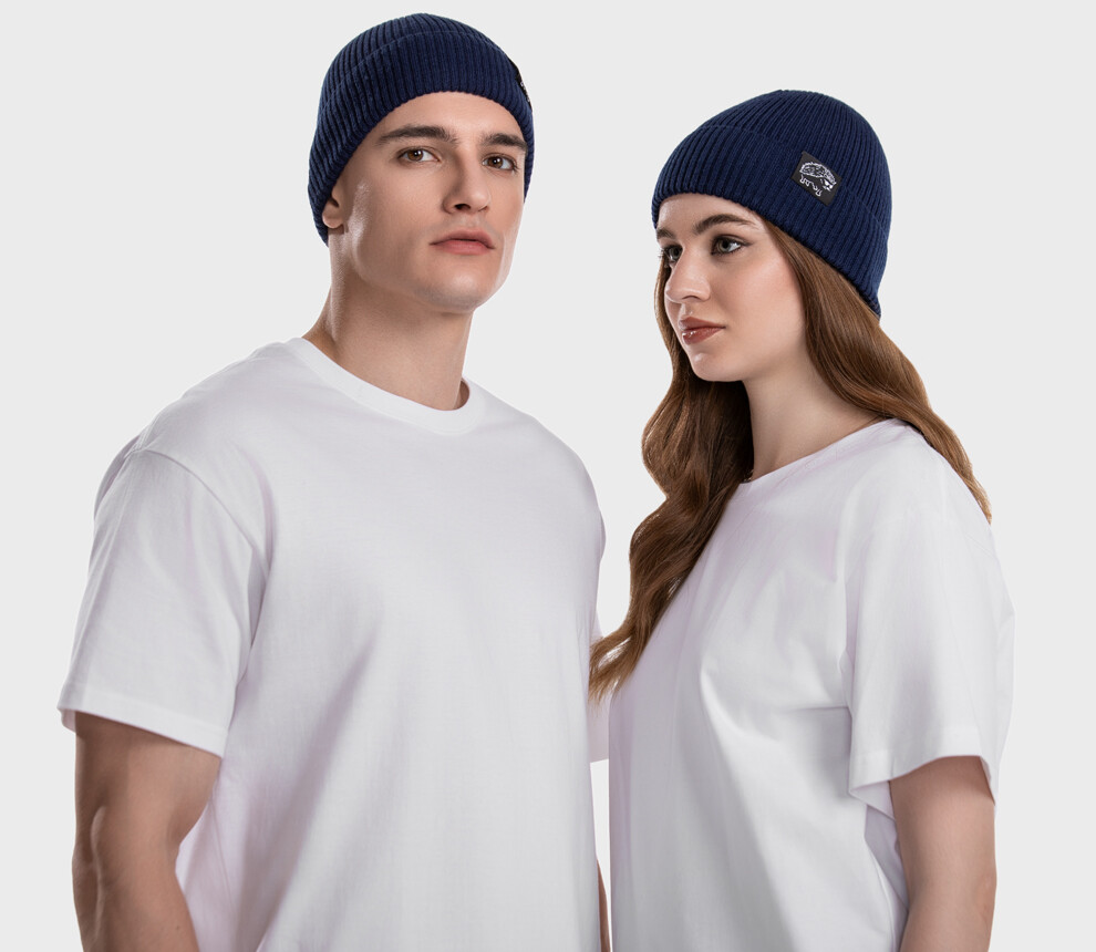 Ribbed beanie in merino wool blend (Marine)
