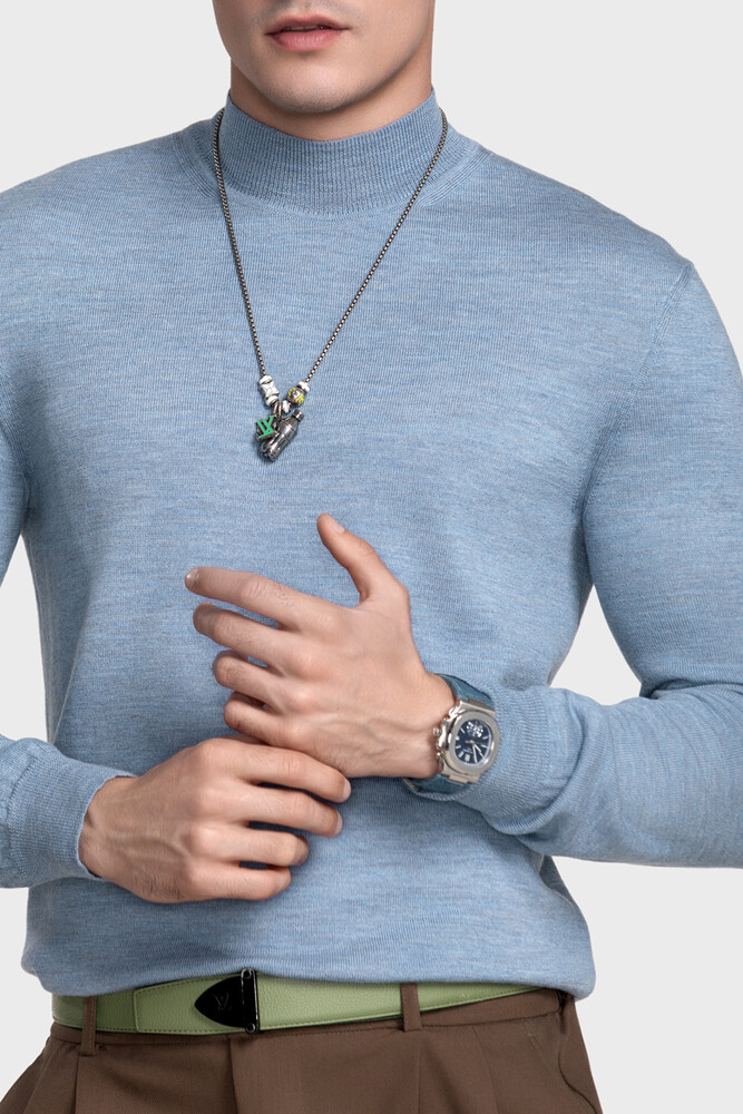 Mock neck sweater in pure merino wool (Denim Melange)