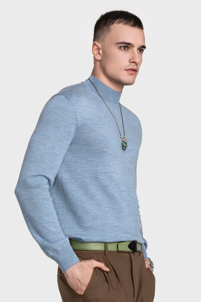 Mock neck sweater in pure merino wool (Denim Melange)
