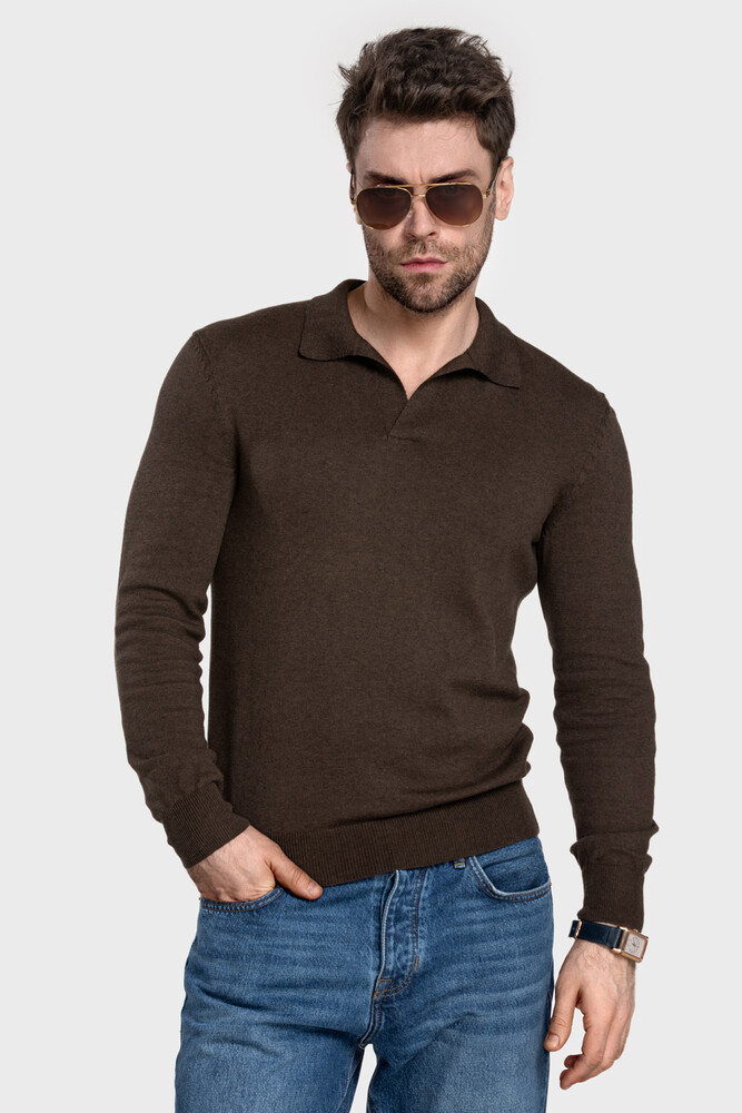 Polo sweater in cotton cashmere blend (Espresso Melange)