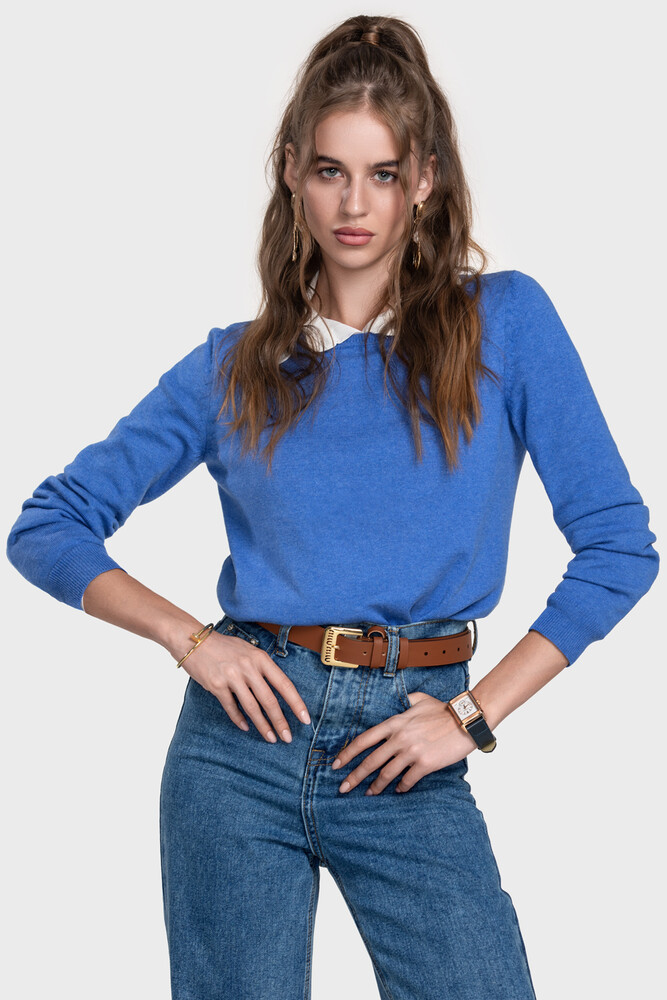 Сrew neck sweater in organic cotton blend (Azzurro Melange)